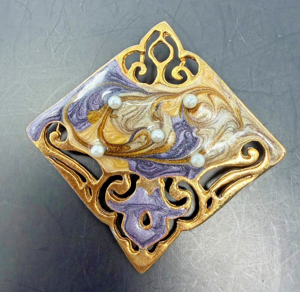 Vintage Gold Tone Enamel Swirl Brooch Faux Pearl Purple Art Nouveau Pin
